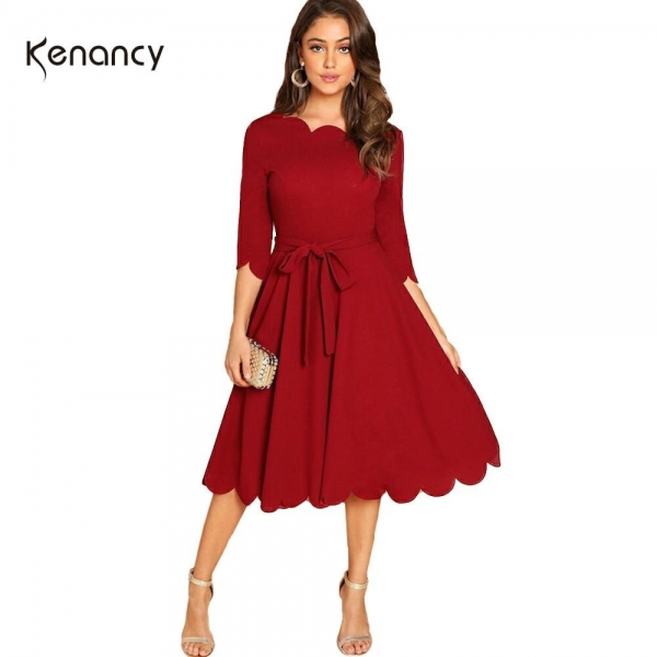 Kenancy Solid Plus Size Women Causal Dress Autumn Wave Cut Half Sleeve Femme Party Dresses Lace Up A-Line Midi Feminino Vestidos