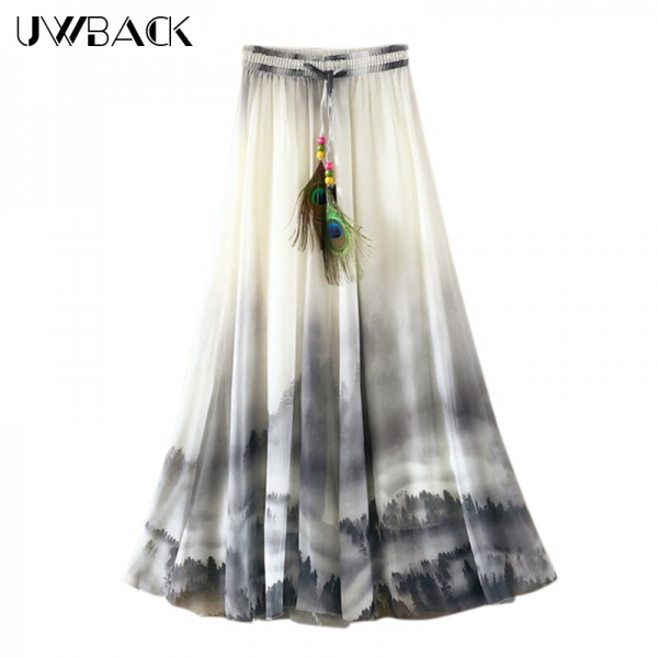 Uwback Max Skirt Women 18 New Summer Chiffon Skirts Woman Pleated Print Boho Elastic Waist Women Causal Saias Mujer TB1396 1 Chiffon Skirts Woman Pleated Print Boho Elastic Waist