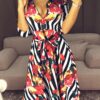 Workwear Formal Gown Midi Party Dress Stylish Floral & Striped Print