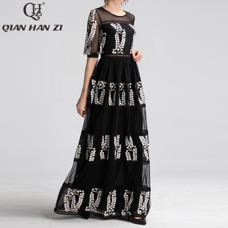 Qian Han Zi newest Designer Runway Maxi Dress Women Half Sleeve Mesh Embroidered Hollow Out Lace Vintage black party Long Dress 2 Women Half Sleeve Mesh Embroidered Hollow Out Lace Vintage black
