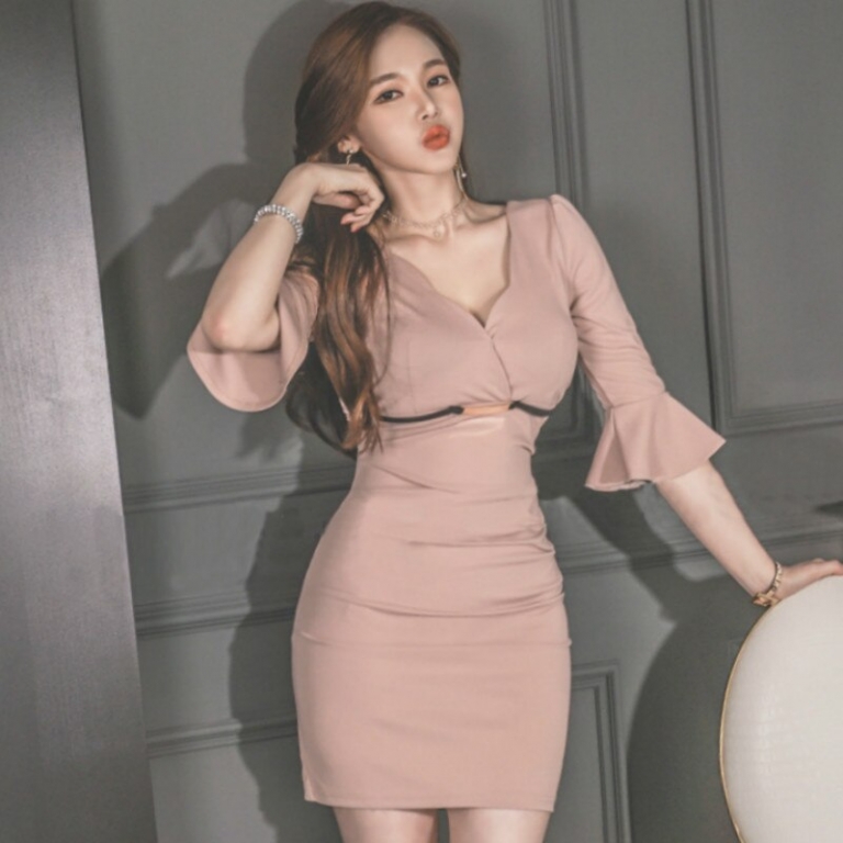 Korea Sexy Lady High Waist Flare Half Sleeve Solid Dress Women's V-Neck Mini Bodycon Club Vestidos