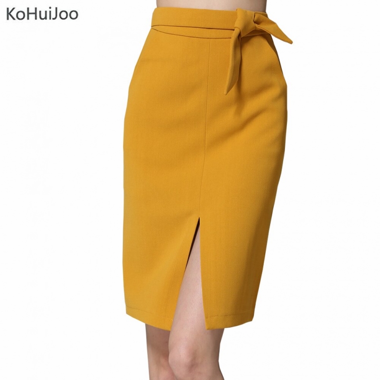 KoHuiJoo 19 Spring Autumn Women Big Bow Skirt Black Yellow Gray Solid Front Slit Skirts High Quality Slim Ladies Pencil Skirts
