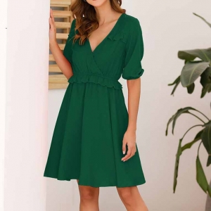 19 Summer Women A-Line Dress Sweet Solid Ruffled Dress Ruffles Half Sleeve V-Neck Mini Dress
