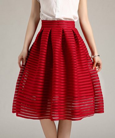 17 Large Size Summer Style Vintage Skirt Solid Reds Women Skirts Casual Hollow out fluffy Pleated Female Ball Gown long skirts