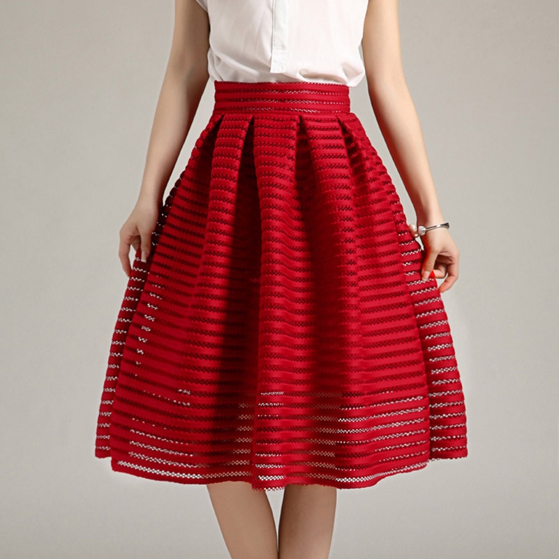 17 Large Size Summer Style Vintage Skirt Solid Reds Women Skirts Casual Hollow out fluffy Pleated Female Ball Gown long skirts