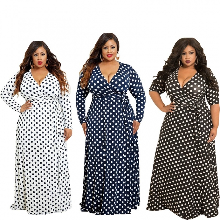 Autumn Women Plus Size Dress with Lace-up V-neck Half Sleeve Dots Digital Printing A-Line Type Big Swing Dress Floor Length