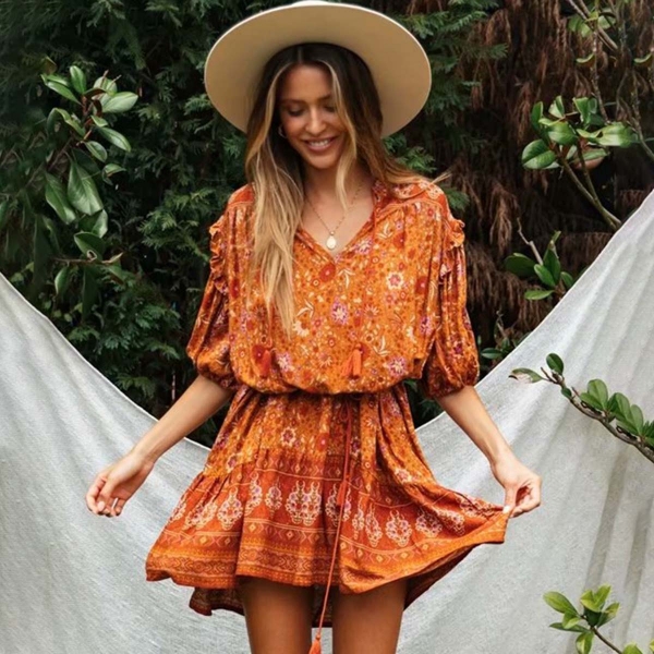 Neck Lantern Sleeve Tassel Retro Vestidos Boho Casual Woman Mini Dress