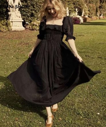 19 New Women French style 3D dot Spliced Ruffle Square Collar Maxi Long Swing Dress Black Backless Half Sleeve Dresses Vestido