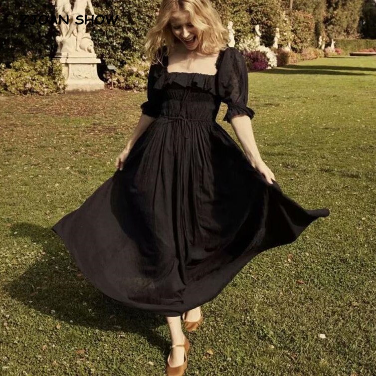 19 New Women French style 3D dot Spliced Ruffle Square Collar Maxi Long Swing Dress Black Backless Half Sleeve Dresses Vestido