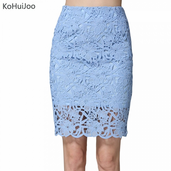 KoHuiJoo 19 Summer Lace Skirts Women Plus Size Hollow Out Lady Sexy Pencil Skirt Big Size High Waist High Quality White Blue KoHuiJoo 19 Summer Lace Skirts Women Plus Size Hollow Out Lady Sexy Pencil Skirt Big Size High Waist High Quality White Blue