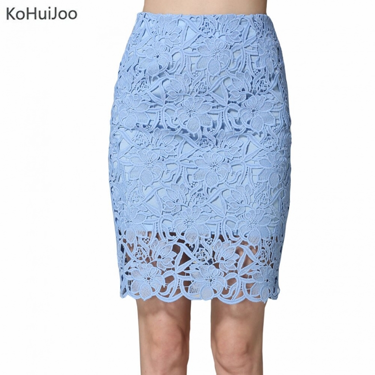 KoHuiJoo 19 Summer Lace Skirts Women Plus Size Hollow Out Lady Sexy Pencil Skirt Big Size High Waist High Quality White Blue