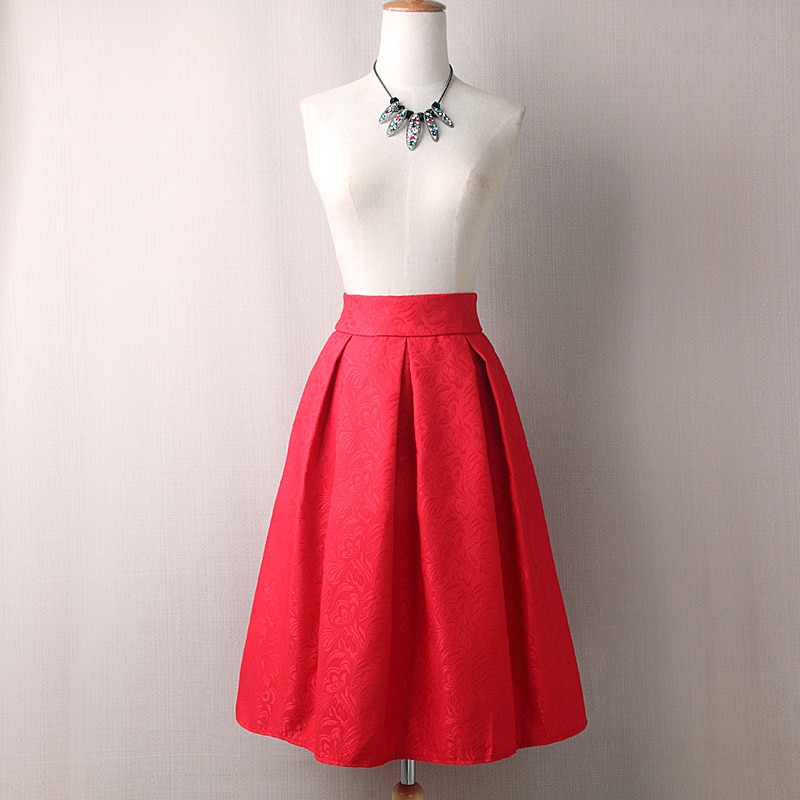 Black Red Jacquard Pleated Ball Gown Skater Ladies Midi Skirts Womens Plus Size