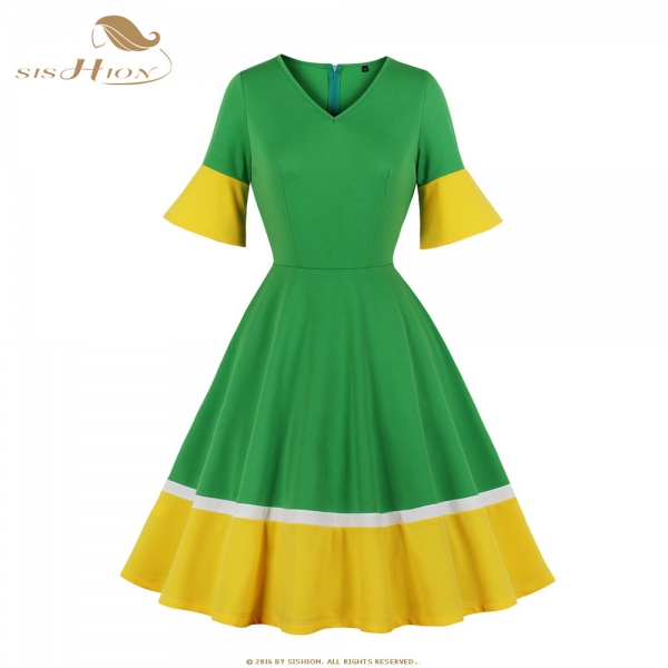SISHION Half Sleeve Autumn Dress SP0584 Vintage Sexy V Neck New Year Women Ladies Green Christmas Dress