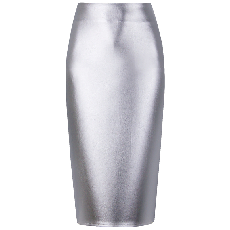 Neophil 19 Ladies Sexy Shining Faux Leather Midi Pencil Skirts High Waist Winter Elastic Bodycon Sexy Office Short Saias S0308 3