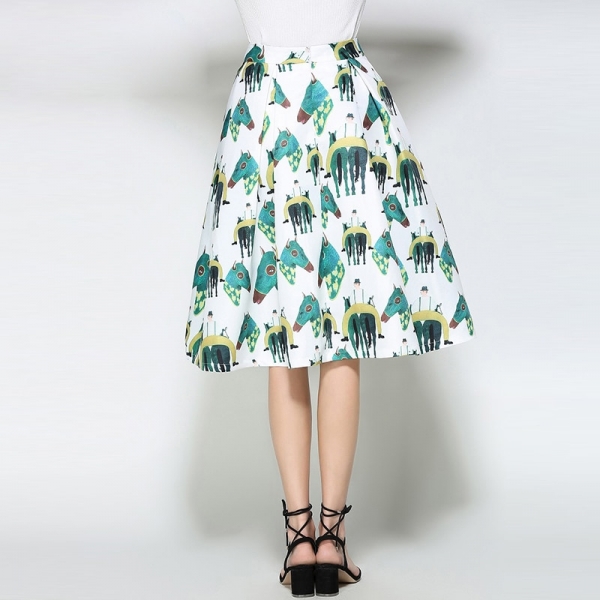 Willstage White Horse Printed Midi Skirts Women Elegant Retro Vintage Tutu Skirt fashion ball gown High Waist 18 Summer Spring 2 Willstage White Horse Printed Midi Skirt ?