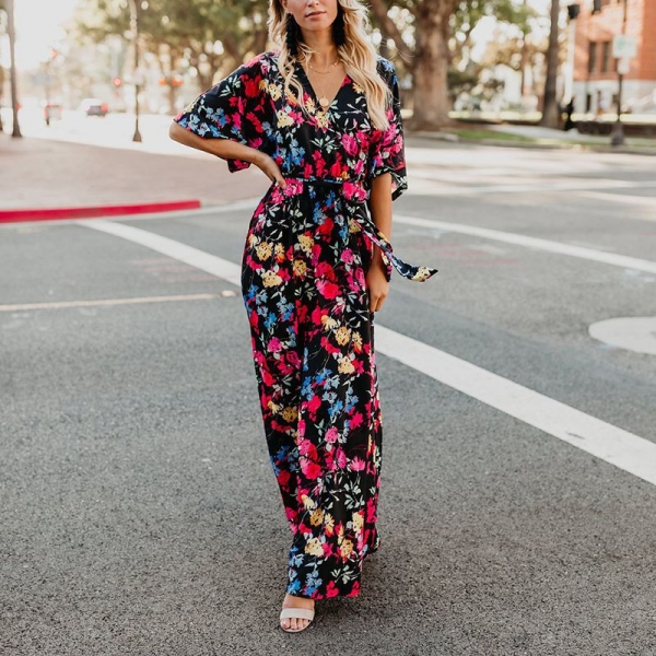 B Summer Dress Women Cotton Sexy V-Neck Half Sleeve Floral Print Dress Plus Size Lace Up Vacation Beach Ankle-Length Dress 1 V-Neck Half Sleeve Floral Print Dress Plus Size Lace Up Vacation