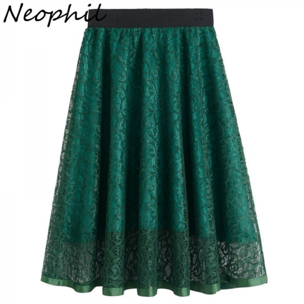 Neophil 19 Summer Ladies Embroidery Lace High Waist Pleated Midi Skirts Womens Vintage Elegant Black Pleated Tulle Saias S0601 1 High Waist Pleated Midi Skirts Womens Vintage Elegant Black Pleated