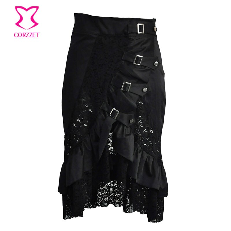 Black Satin&Hollow Out Floral Lace Patchwork Ruffles Buckle Details Plus Size Victorian Gothic Skirt Steampunk Skirts For Women 1