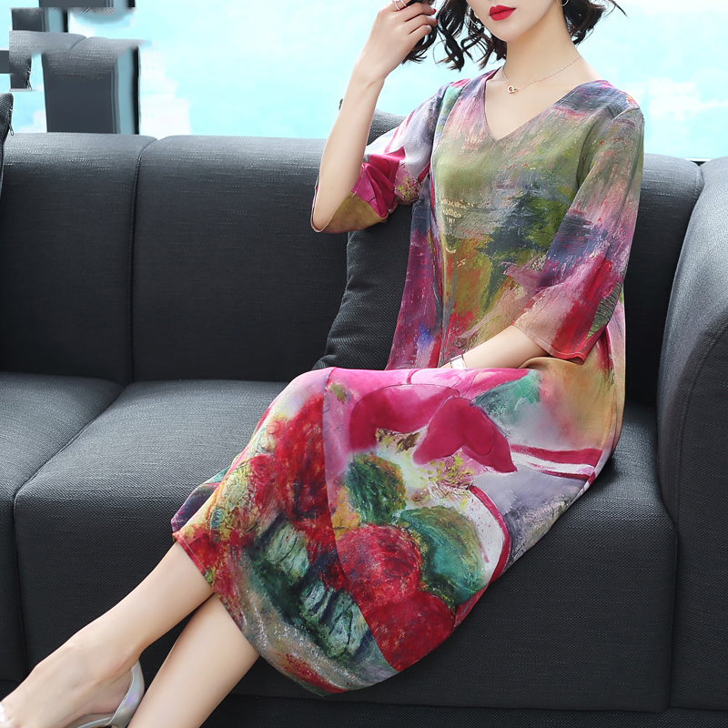 Imitate Real Silk Dress Plus Size New Spring Summer Women Dress Loose Half Sleeved Print A-line Dresses Beach Casual Clothes 3
