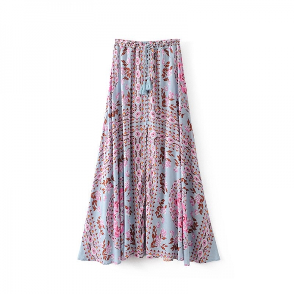 19 Floral Print Summer Women's Skirt Bohemian Elastic Waist Buttons Tassel Belt Long Maxi skirts Brand Clothing Female Saia 1 Skirt Bohemian Elastic Waist Buttons Tassel Belt Long Maxi