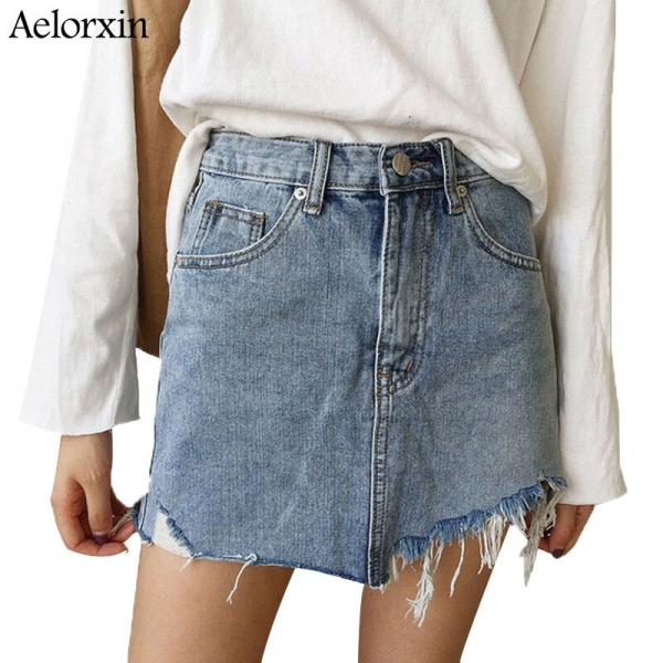 Summer Pencil Skirt 19 High Waist Washed Women Skirts Irregular Edges Denim Jupe All Match Mini Saia Plus Size Women's Faldas