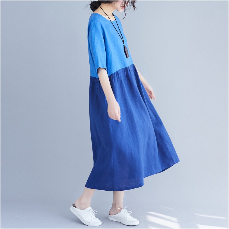 Patchwrok Hit Color Casual Dresses Half Sleeve O-neck Pockets Women Dress