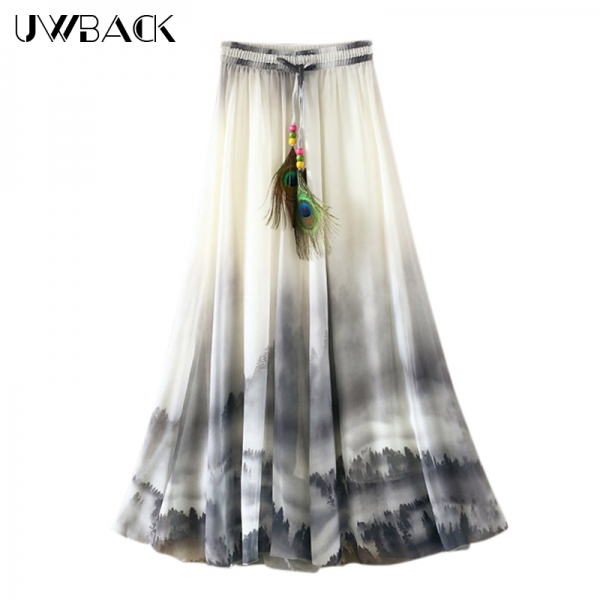 Uwback Max Skirt Women 18 New Summer Chiffon Skirts Woman Pleated Print Boho Elastic Waist Women Causal Saias Mujer TB1396 Uwback Max Skirt Women 18 New Summer Chiffon Skirts Woman Pleated Print Boho Elastic Waist Women Causal Saias Mujer TB1396