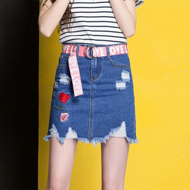 Embroidery Mini Skirt Jeans Hole Womens High Waist Office SALE ...