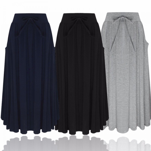 High Waist Pockets Pleated Skirts Casual Solid Loose Mid-calf Skirts Plus Size 2XL