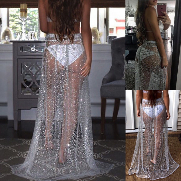 Summer Sexy Beachwear Rhinestone Long Sequin Skirt Loose Side Split Mesh See Through Gold Maxi Glitter Skirt Sparkle Female Sexy Beachwear Rhinestone Sequin Skirt - Gold Maxi with Side Split and Mesh See-Through Design