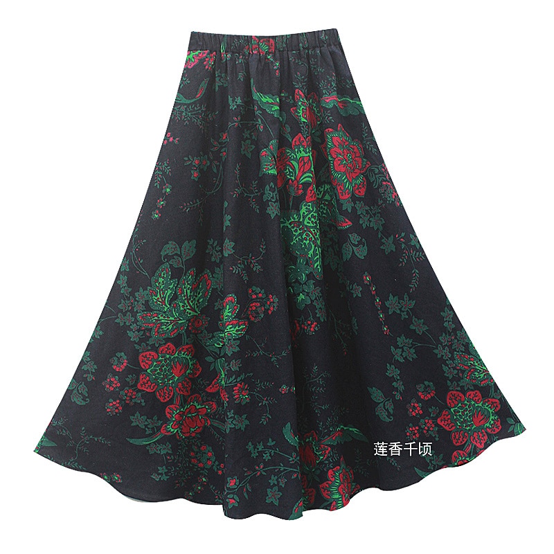 New Fashion Top Sale Long Flowing Thick Cotton Multicolor Print Skirts Bohemia Style Ethnic Print Linen Skirt 2