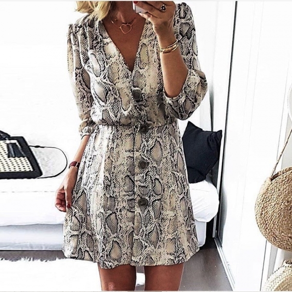 New High Street Women A-line Dresses Snakeskin Printed Half Sleeve Button Dress 1 Snakeskin Printed Half Sleeve Button Dress