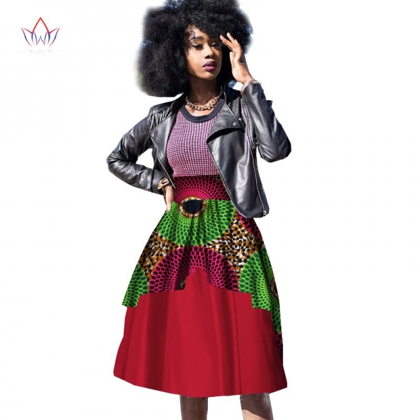 Dashiki African Wax Print Knee-Length Ball Gown Double Layer Skirt