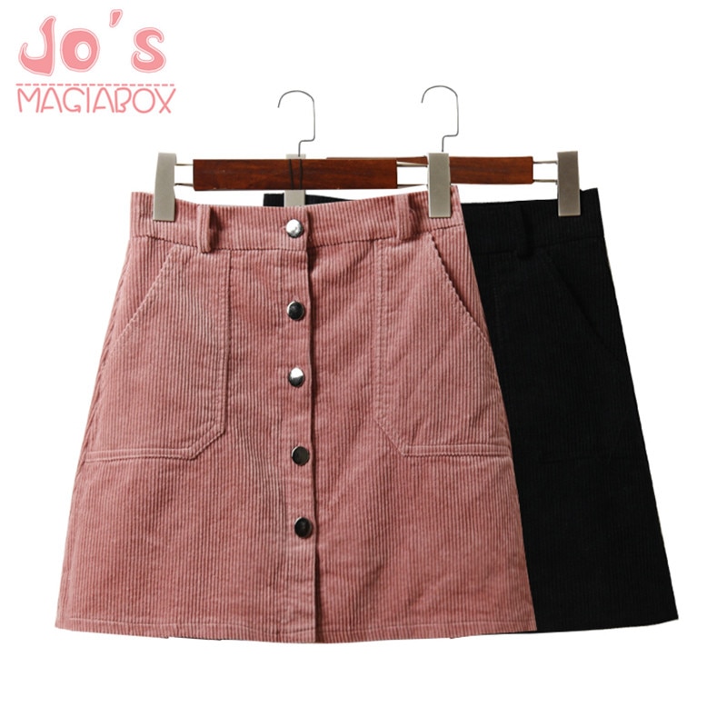 Spring Harajuku Office Lady School Women’s Short Skirt Denim Style Button A-line Corduroy High Waist Pocket Mini Skirt 1