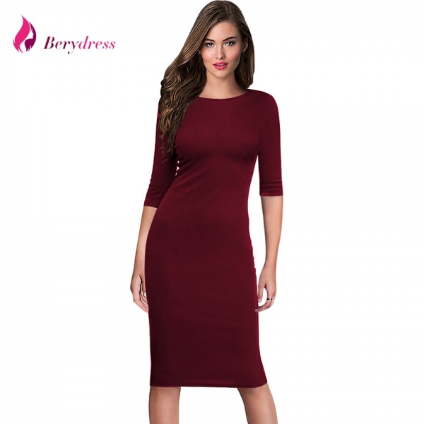 Berydress Women's Work Office Dresses 18 Summer Half Sleeve Knee Length Midi Formal Vestidos De Festa Burgundy Casual Dresses
