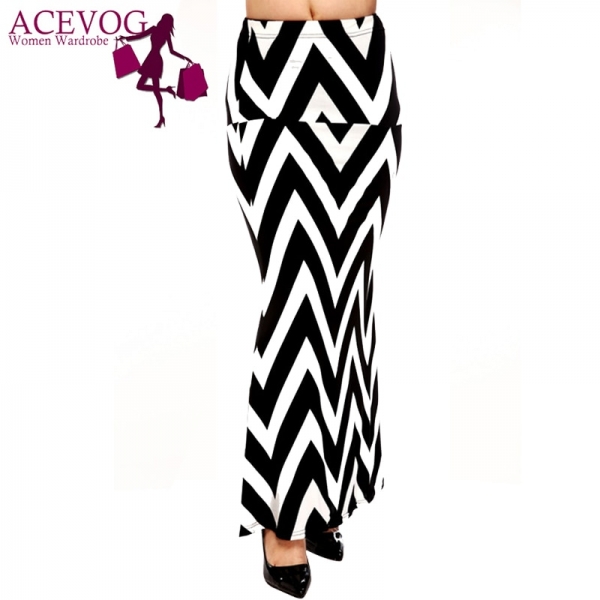 ACEVOG Brand Women Maxi Long Skirt Fashion Ladies Geometric Pattern Casual Stretch Skirt Saia Feminina 4 Seasons 1 Maxi Long Skirt Fashion Ladies Geometric Pattern Casual Stretch