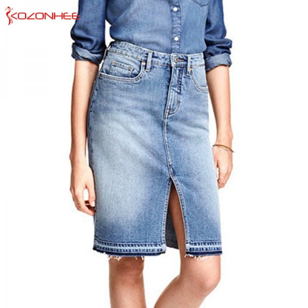 Front Slit Summer Jeans Skirt Midi High Waist