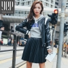 New 17 autumn fashion A type pu leather pleated skirt women elastic waist high quality original black mini skirt women faldas