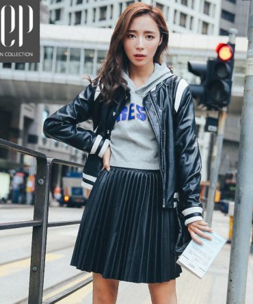New 17 autumn fashion A type pu leather pleated skirt women elastic waist high quality original black mini skirt women faldas