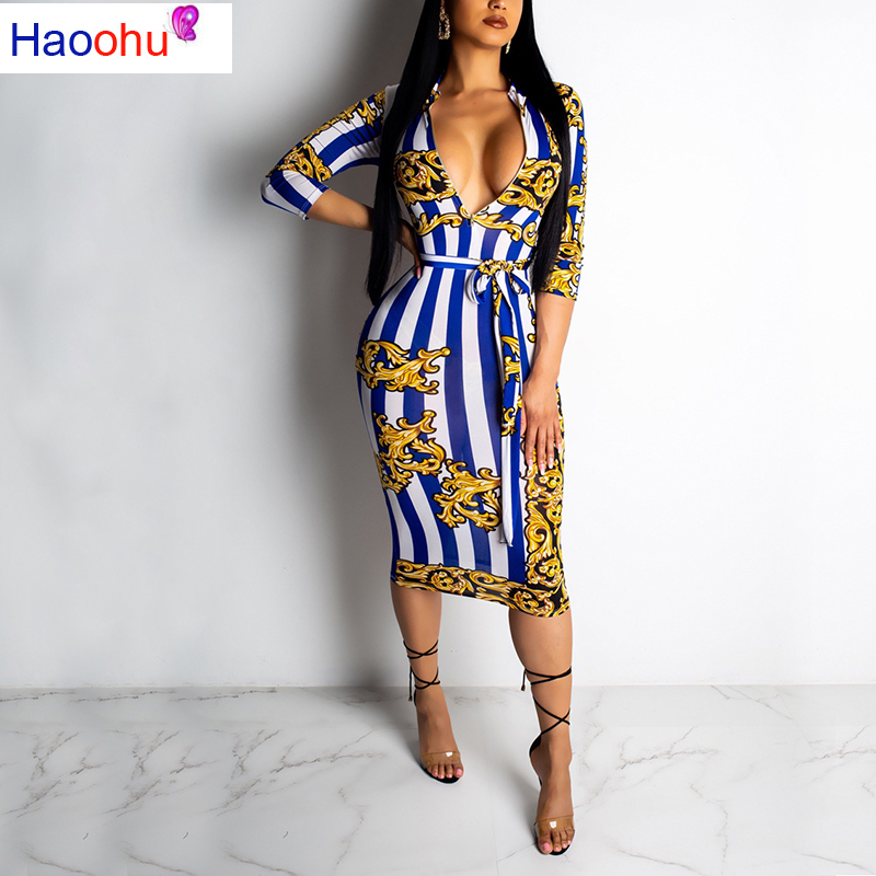 HAOOHU19 New Arrive Sexy Women Striped Deep V-Neck Half Sleeve Bodycon Dress Lady Hollow Out Skinny Lace Up Short Dress CY1130 1