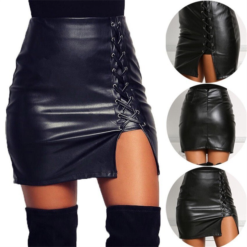 19 New Pencil Skirt Women Black Bodycon Bandage Skirts Zipper Lace Up Split Side Slit Party Club Wear Pu Leather Women Skirt 2