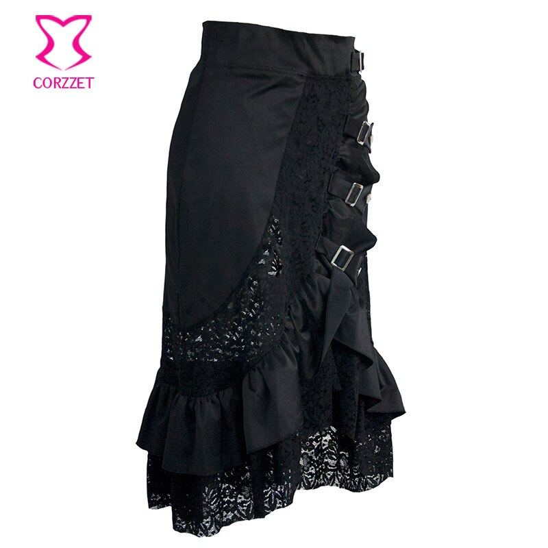 Black Satin&Hollow Out Floral Lace Patchwork Ruffles Buckle Details Plus Size Victorian Gothic Skirt Steampunk Skirts For Women 2