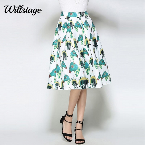 Willstage White Horse Printed Midi Skirts Women Elegant Retro Vintage Tutu Skirt fashion ball gown High Waist 18 Summer Spring Willstage White Horse Printed Midi Skirts Women Elegant Retro Vintage Tutu Skirt fashion ball gown High Waist 18 Summer Spring