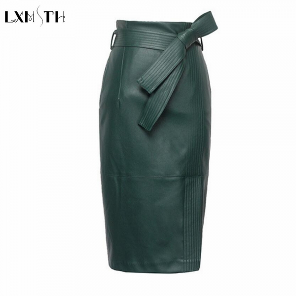 Winter Sexy High Waist Faux leather Skirts Womens Belted Fashion Pencil Skirt