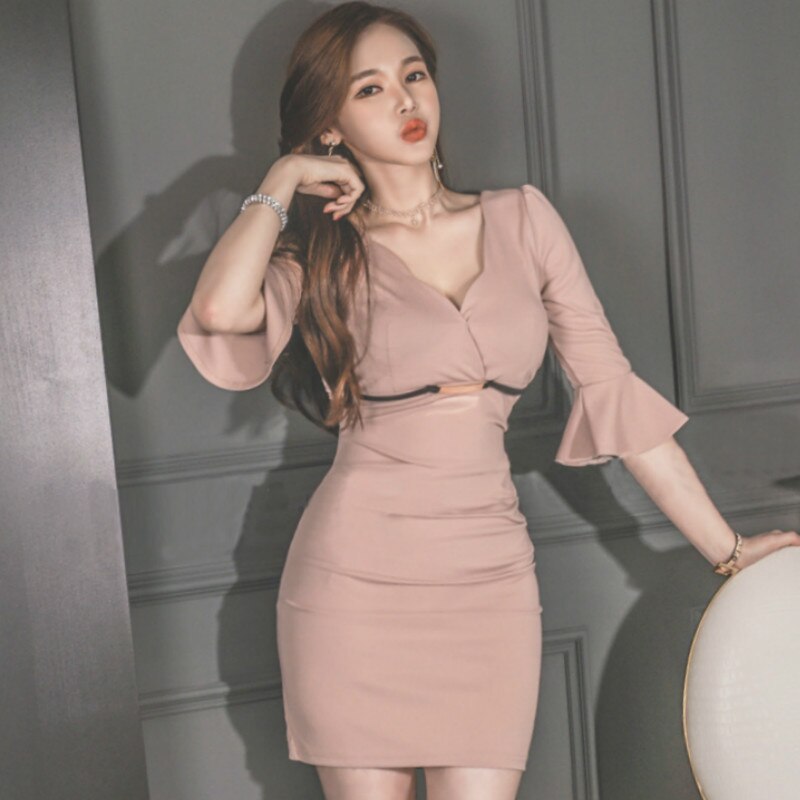 Korea Sexy Lady High Waist Flare Half Sleeve Solid Dress Women’s V-Neck Mini Bodycon Club Vestidos 1