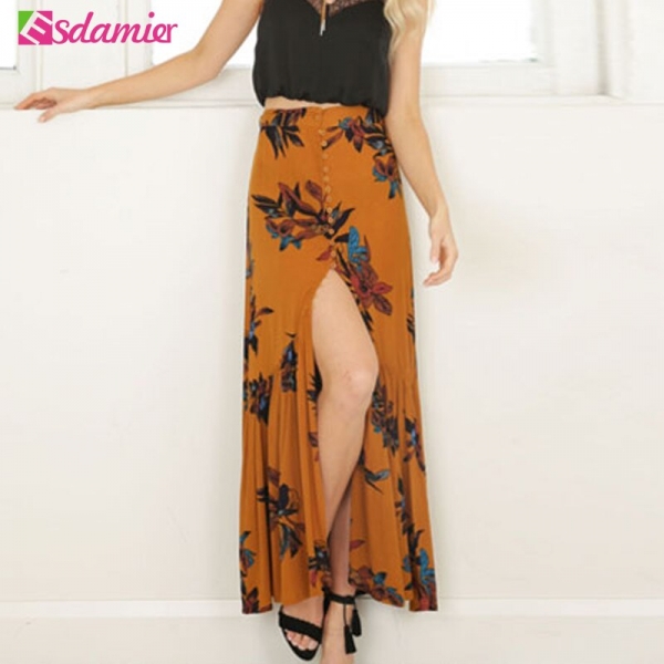 New New Boho Print Long Skirt High Waist Floral Beach Female Skirt Chic Split Maxi Skirts Womens Summer Vintage Saia Longa