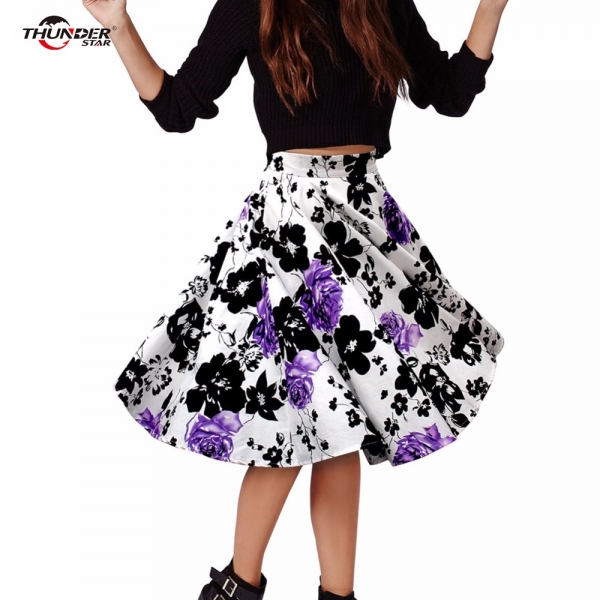 THUNDERSTAR Ladies Skirts 17 Summer Women Skirt Vintage Floral Print High Waist Ball Gown Pleated Midi Skater Skirts Saias Elegant Summer Skirts for Ladies - Embrace Vintage Floral Prints and Stylish Comfort
