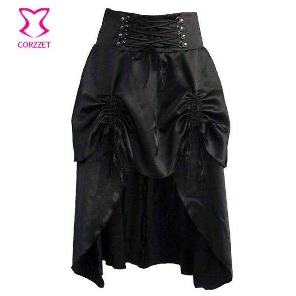 Black Satin Gothic Skirt With Ruffle Women Burlesque Mid Swallowtail
