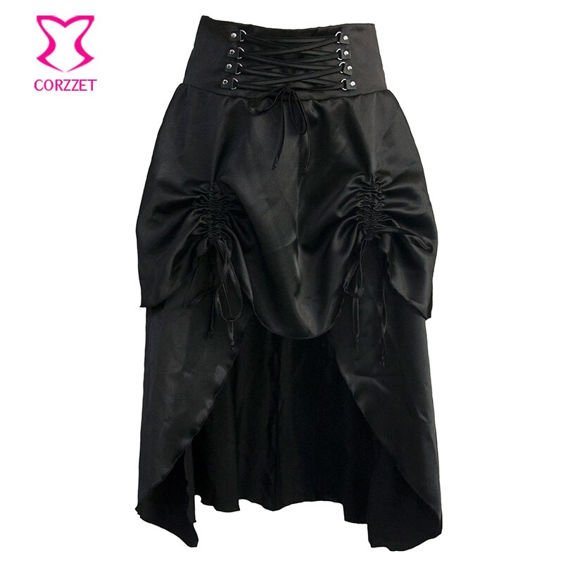 Black Satin Gothic Skirt With Ruffle Women Burlesque Mid Swallowtail Skirts Matching Steampunk Corsets and Bustiers