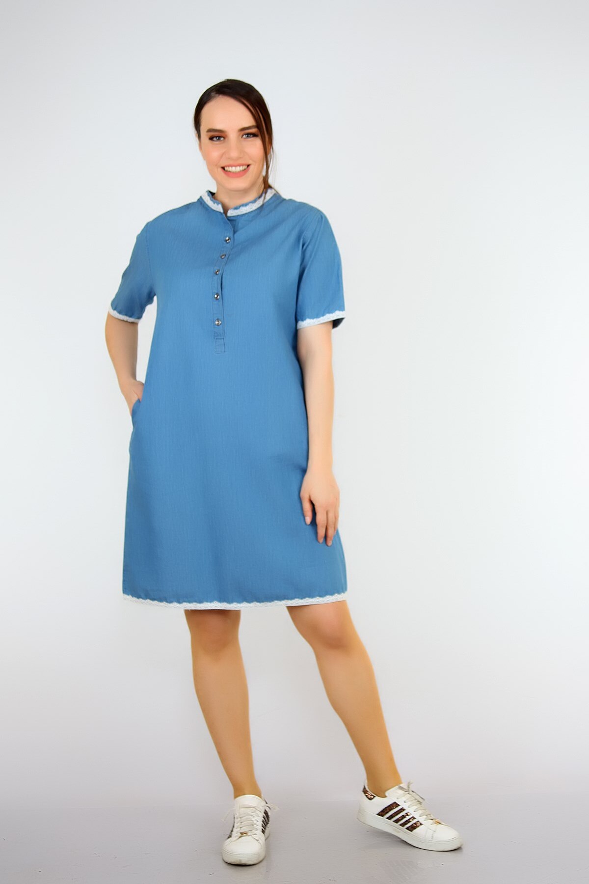 Pianoluce Women ‘S Denim Lace Detail Half Sleeve Dress Blue 1387